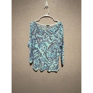 Talbots Women's‎ Blue Pattern Knit Top Dolman 3/4 Sleeve Blouse Medium